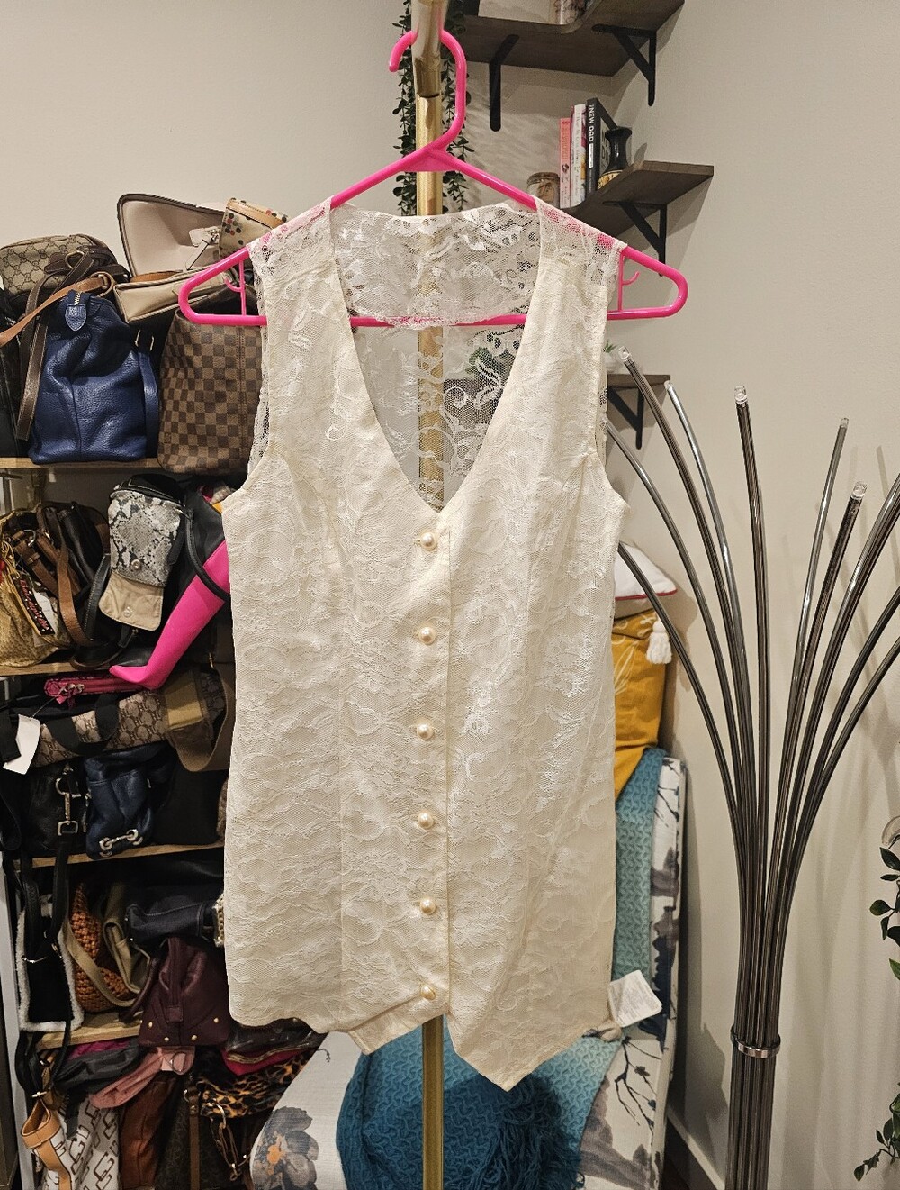 Vintage Ivory Lace Pearl-Button Sleeveless Vest
